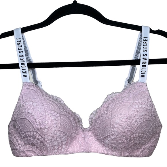 Victoria's Secret Other - Victoria’s Secret Light Pink Lace Logo Strap Lined No-Wire Bra Size 32B